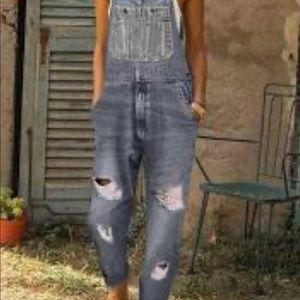 Women’s gray distressed overalls